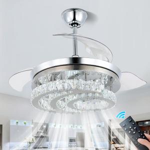 FRIXCHUR 42" Dimmable Fandelier Led Crystal Chandelier Ceiling Fans with Lights and Remote Moon Shape Retractable Chandelier Ceiling Fan for Bedroom Living Room Dining Room 30W*2 (9010Chrome)