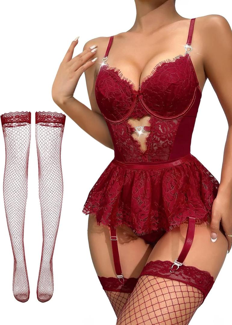 Lilosy Sexy Stocking Rhinestones Heart Garter Underwire Floral Mesh lace Sheer Baby doll Lingerie Teddy Bodysuit Skirt Set (Burgundy Red)
