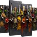 iHAPPYWALL Kitchen Pictures Wall Decor 4 Pieces Couful Spice in Spoon Vintage Canvas Wall Art Food Photos Painting On Canvas Stretched Framed Home Decoration Gift Ready to Hang, 48x32inch
