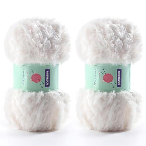 2 Skeins Soft Chunky Fluffy Fuzzy Faux Fur Yarn for Crocheting - Eyelash Furry Yarn for Knitting Blankets, Scarves and Sweaters, 3.5 Oz/ 75 Yards Per Roll (Milk White)
