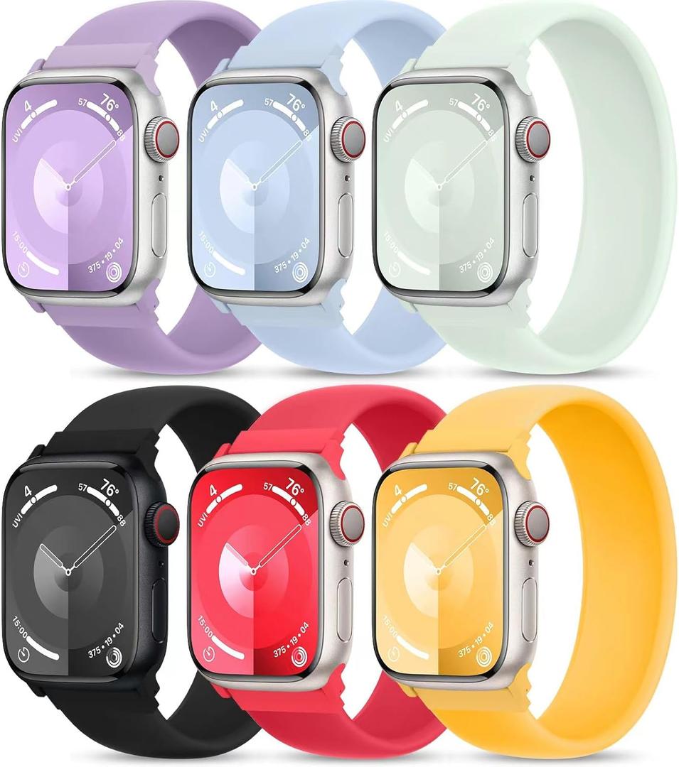6 Pack Silicone Solo Loop Bands Compatible with Watch Band 40mm 38mm 41mm 44mm 45mm 46mm 42mm 49mm, Soft Stretchy Strap Sport Replacement Wristband for iWatch Series 10 9 8 7 6 SE 5 Ultra 4 3 2 1 (Red / Light Blue / Mint / Sunny / Lavender / Black)