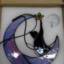 HDCRYSTALGIFTS 6.5'' Black Cat Decor on Purple Moon Stained Glass Window Hanging Suncatcher,Wall Art Glass Window Panel Sun Catcher,Christmas Ornament Decoration Memorial Gift for Lover Cat Loss