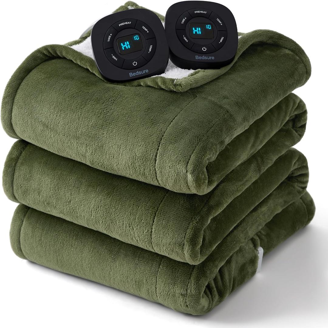 Bedsure Electric Blanket King Size - Dual Control Heated Blanket King Size, Fast Heating with 10 Time Settings & 10 Heat Settings, Warm Gift for Grandma (100x90 inches, Olive Green)