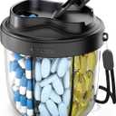 Cute Pill Organizer, Pill Dispenser with 7 Large Compartments, Portable Pill Bottle Box with Wide Opening for Easy Use, Anti-Mix Pills Organizer for Travel, Includes 20 Pcs Sticky Labels (Black)