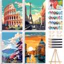 Offito 4 Pack Framed Paint by Numbers Kit for Adults Beginners with Wooden Easel, Landscape Easy Paint by Number Kit with Frame, Watercolor Adult Paint by Number Framed Canvas (8 * 12 Inch)