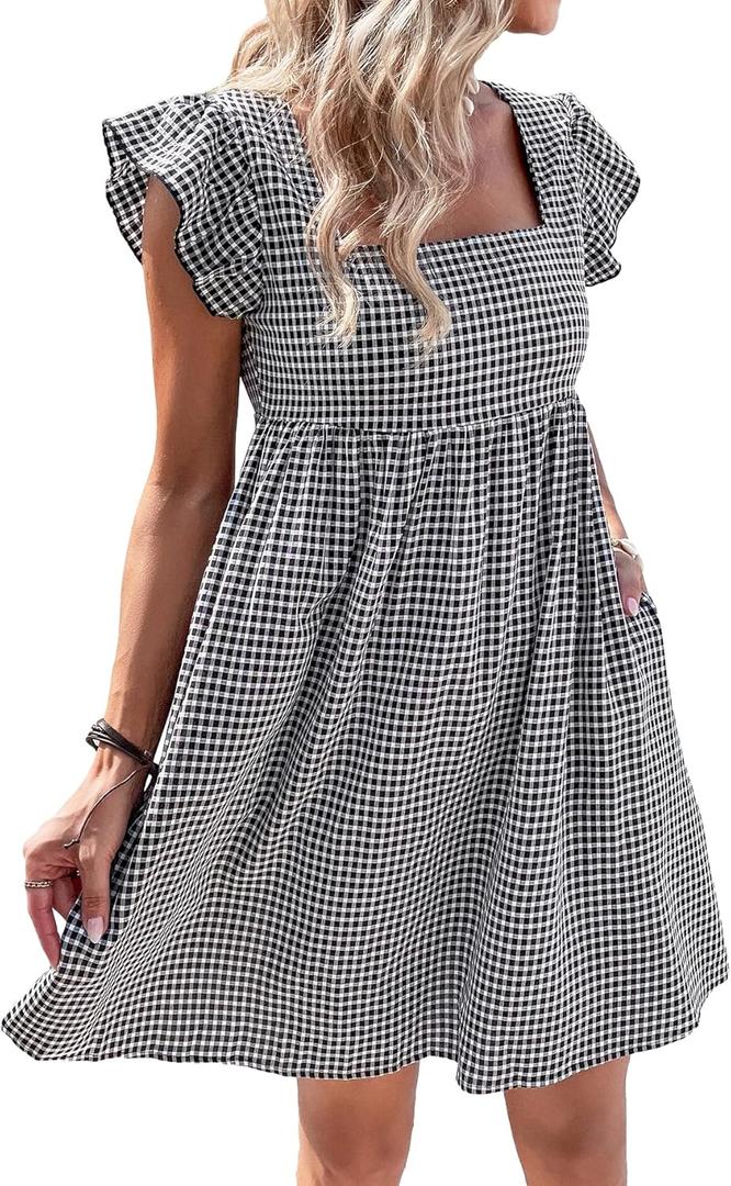 SOLY HUX Women's Plaid Gingham Square Neck Babydoll Smock Dress Ruffle Beach Cap Sleeve Short Dresses Black and White Gingham, Medium