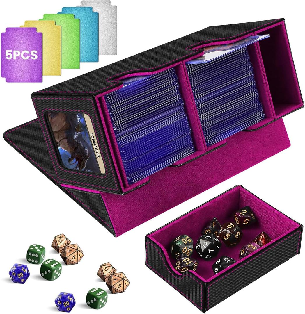 MTG Deck Box with Commander Display,Holds 300+ Single-Sleeved Cards,Double Deck Case for TCG/CCG,Fits 90+ Top Loader Sleeves,Includes Dice Tray,5 Dividers & 1 Hard Sleeve (Black & Purple)