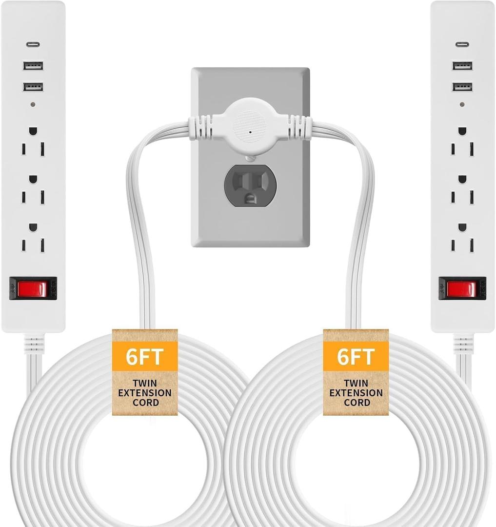 Split Extension Cord 12FT, Twin Flat Plug Power Strip with 6 AC Outlets and 6 USB Ports, 3 Prong Double Extension Cord for Behind Bed, Couch, Nightstands, Vanity and Furniture