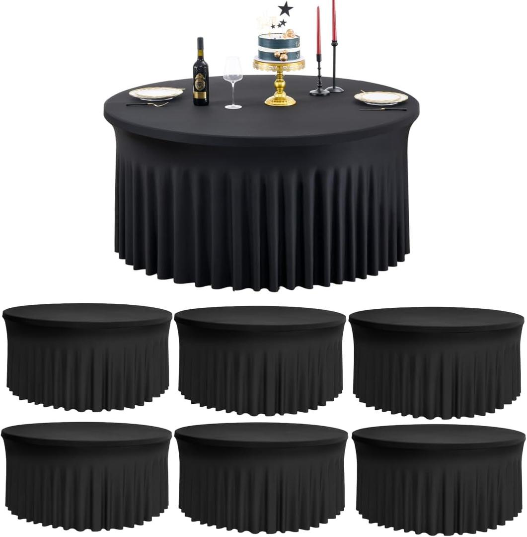 leegleri 6 Pack Black Spandex Round Tablecloths for 60 inch Tables, Stretchy 120inch Fitted 5FT Round Table Cloth with Skirt for Wedding Party Dining Banquet