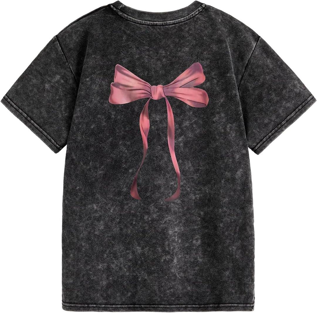 Verdusa Women's Grunge Washed Bow Tops Streetwear Short Sleeve Going Out Summer Tee Shirts (Black, M)