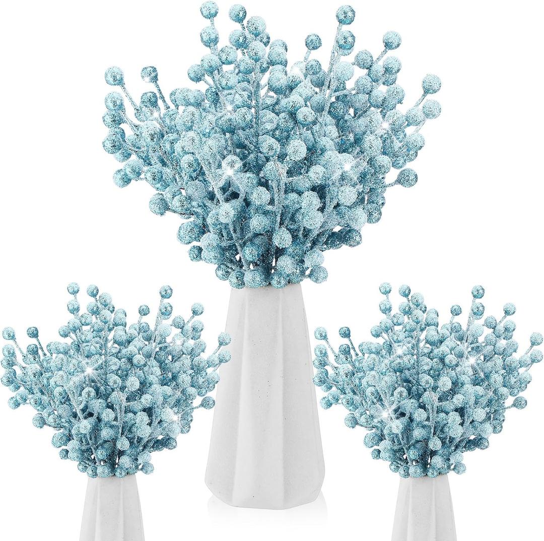 Geosar 30 Pieces Artificial Christmas Berry Picks with Snowflake Glitter Holly Berry Stems for Christmas Tree Ornaments Vases DIY Crafts Wedding Party Holiday Decor(Baby Blue)