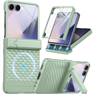 Magnetic for Samsung Galaxy Z Flip 7 Case [Hinge ProtectionKickstand][Compatible with MagSafe][Built-in Screen Protector] Full-Body Military Protection Phone Case for Samsung Z Flip 7 Mint Green