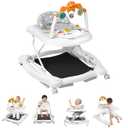 Baby Walker, 5 in 1 Baby Walkers for Boys Girls 6-12 Months, Foldable Walkers for Babies with Bouncer & Feeding Tray, Music, Adjustable Heights, Activity Walker for Infant, e-white