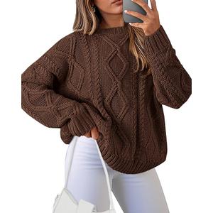 BTFBM Casual Women Long Sleeve Sweater 2025 Fall Ribbed Knit Pullover Loose Crewneck Cable Sweater Jumper Tops, Solid Coffee, M