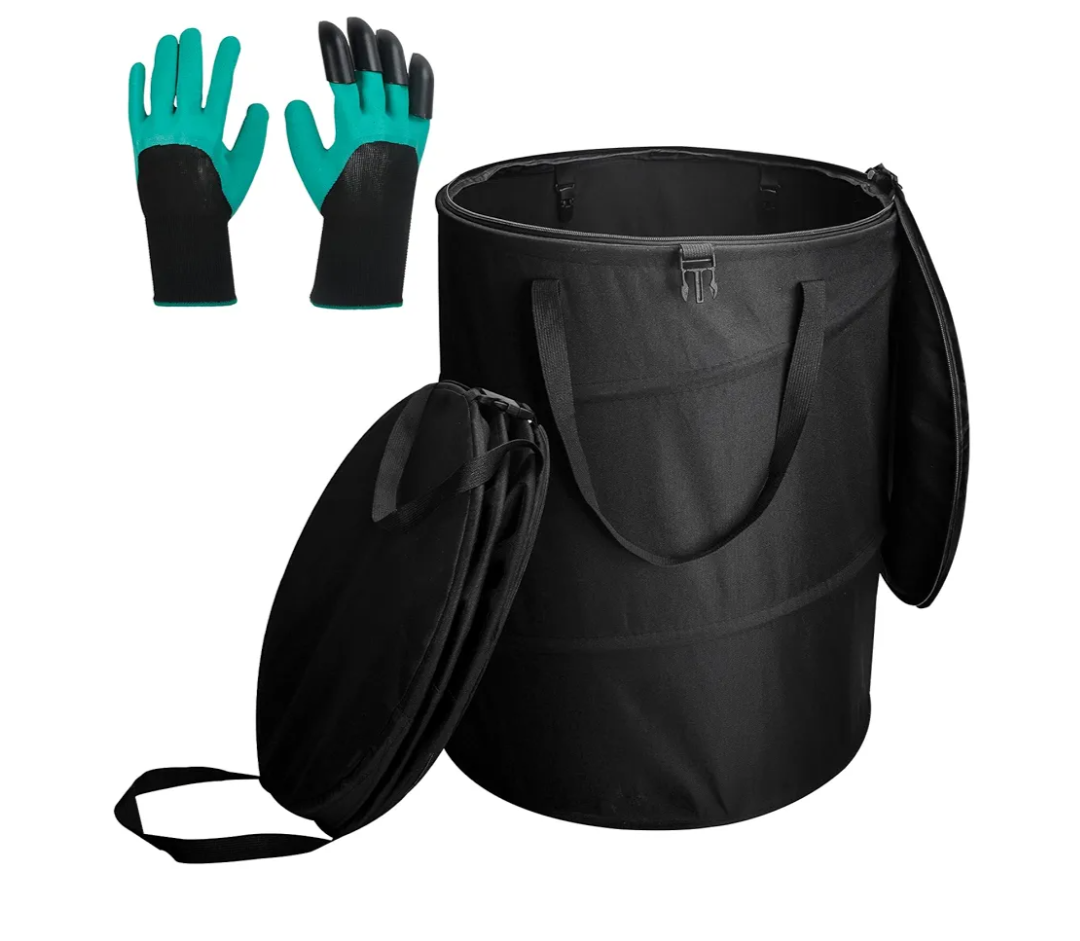 24 Gallons Collapsible Trash Can with Gloves, Camping Trash Can with Lid, Pop Up Garbage Can for Outdoor, Large Capacity Leaf Bags for Yard, Lawn, Reusable Garden Garbage Bag - Black