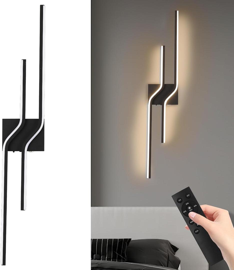Modern Battery Operated Wall Sconces,12000mah Wireless Wall Sconces with Remote,31.5 Inch Rechargeable Black Wall Lights for wall Decor,Dimmable LED Wall Lamps for Living Room,Bedroom,Hallway