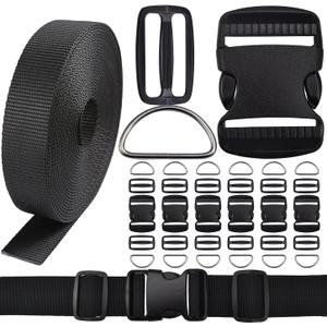 CooBigo 6 Yards Nylon Webbing Strap 6 Pcs Quick Side Release Plastic Buckle 12pcs Tri-glide Slide Clip D Rings (2 Inch set)