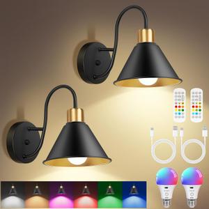 Frideko Rechargeable Wall Sconces Set of Two with Remote, RGB 15 Colors Dimmable Battery Operated Wall Lights, Indoor Black wall lamp with 4 Timer, Wireless Sconce Lighting for Living Room Bedroom