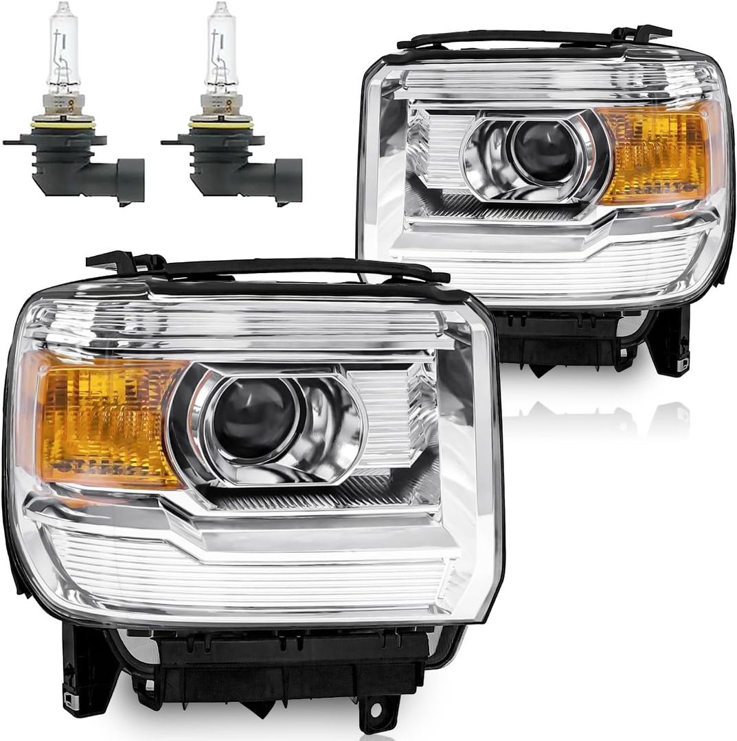 Headlights for 2014-2018 GMC Sierra 1500/2015-2019 GMC Sierra 2500HD 3500HD Headlamp Replacement, High/Low Beam W/Bulbs, Driver & Passenger Side