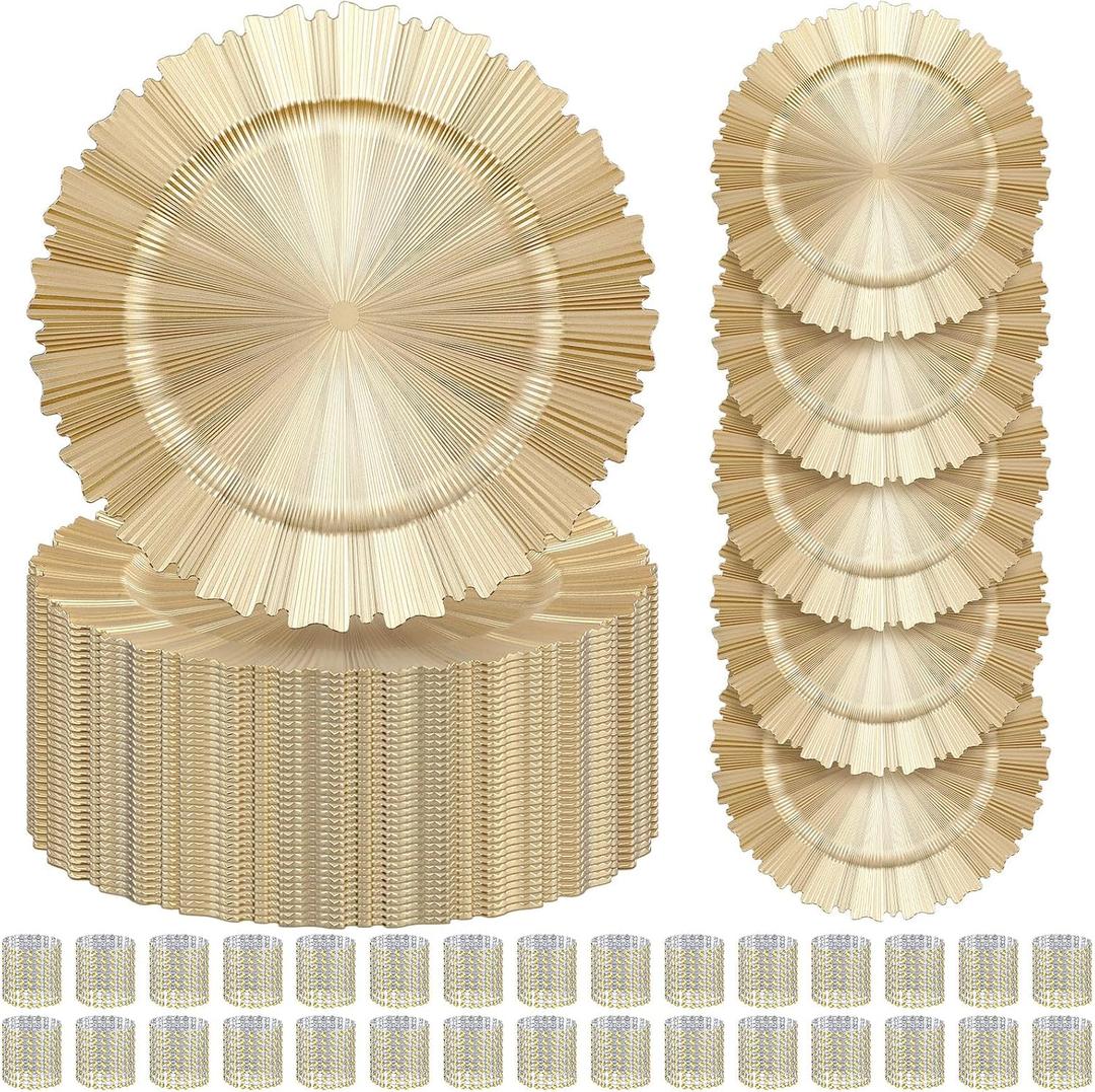 60 Pieces Charger Plates Bulk with Napkin Rings,Gear Style,Light Gold