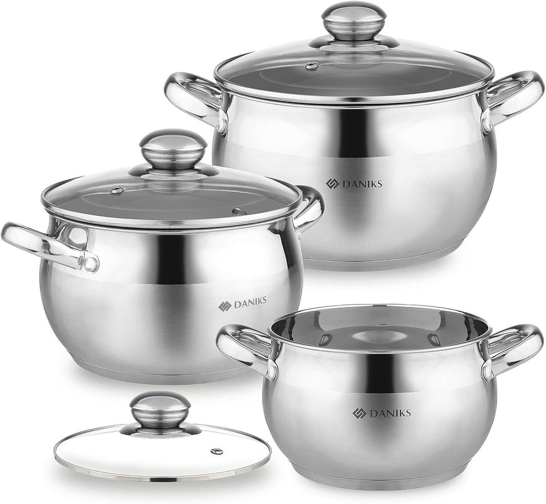 Daniks Classic 6-Piece Stainless Steel Induction Cookware Set  Dishwasher Safe Pots with Lids, Measuring Scale, Silver