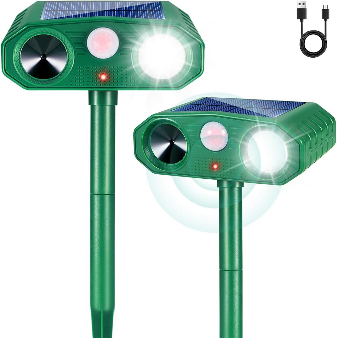 2 Pack Solar Animal Repellent Outdoor, Ultrasonic Deterrent with 4 Modes Deer Repellent Devices Smart Motion Sensor with Light,Effective Against Birds, Cats, Squirrels, Deer,Coyote, Raccoons,Rabbit