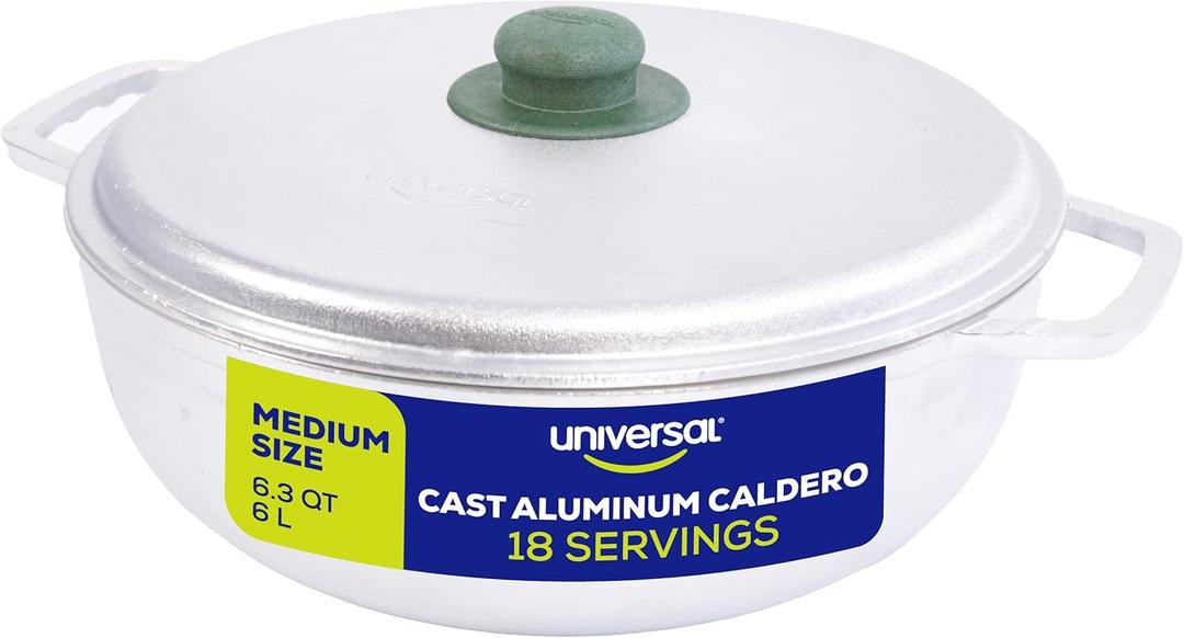 Universal (Medium Size) Caldero 18 Cups - 6.3 QT / 6 L, Stainless Aluminum Pot, Even Heat Distribution and Fast Cooking Dutch Oven Pot, Ergonomic Handles, Ideal for Rice, French Fries, and More (6.3 Quart - 18 Cups)