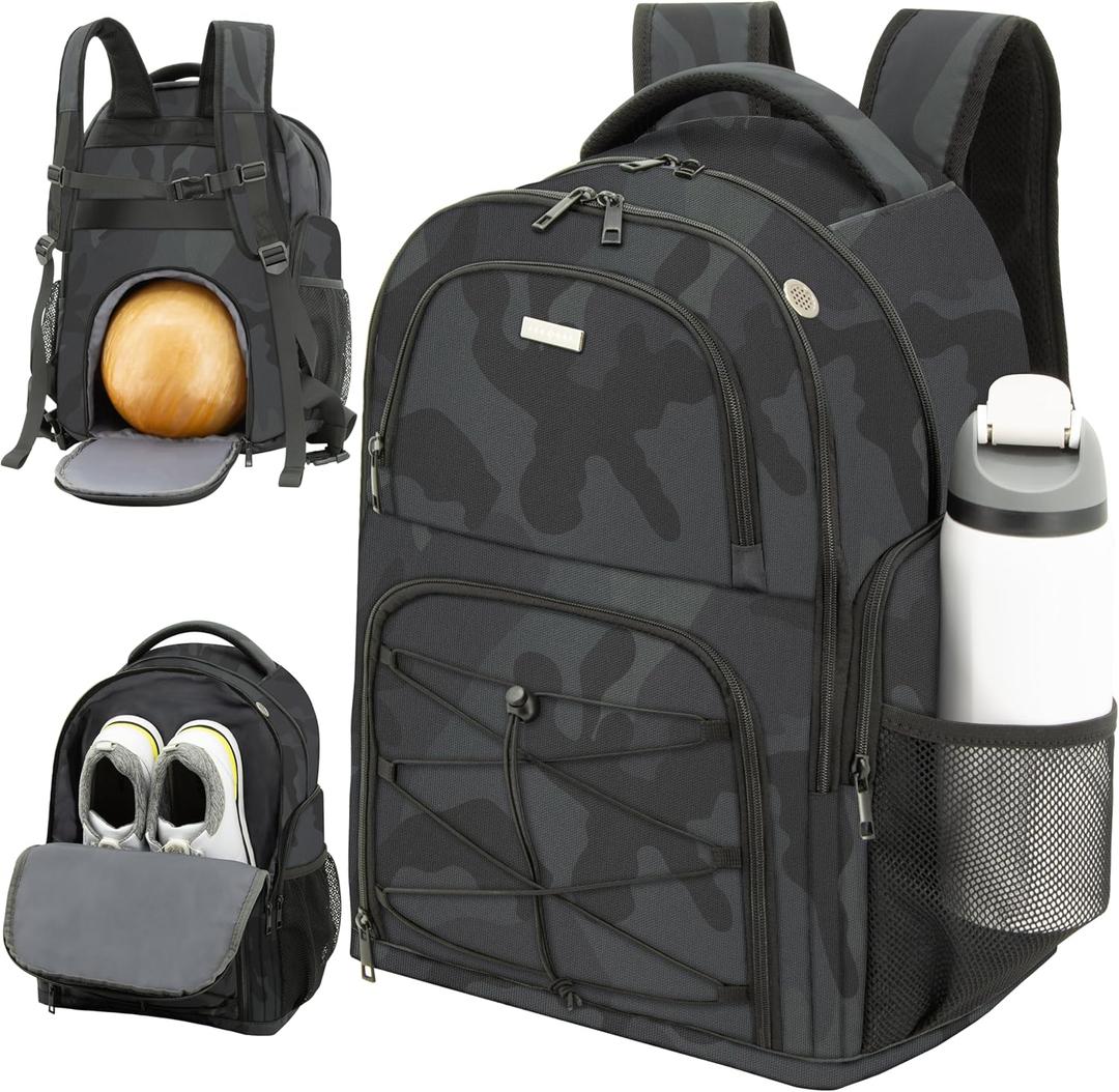 Bowling Ball Backpack with Shoe Compartment, Single Ball Bag for Men & Women, Protective Ball Holder & Ventilated Shoe Storage, Multi-Pocket Bowling Gear Bag for League & Casual Bowlers (Dk Green)