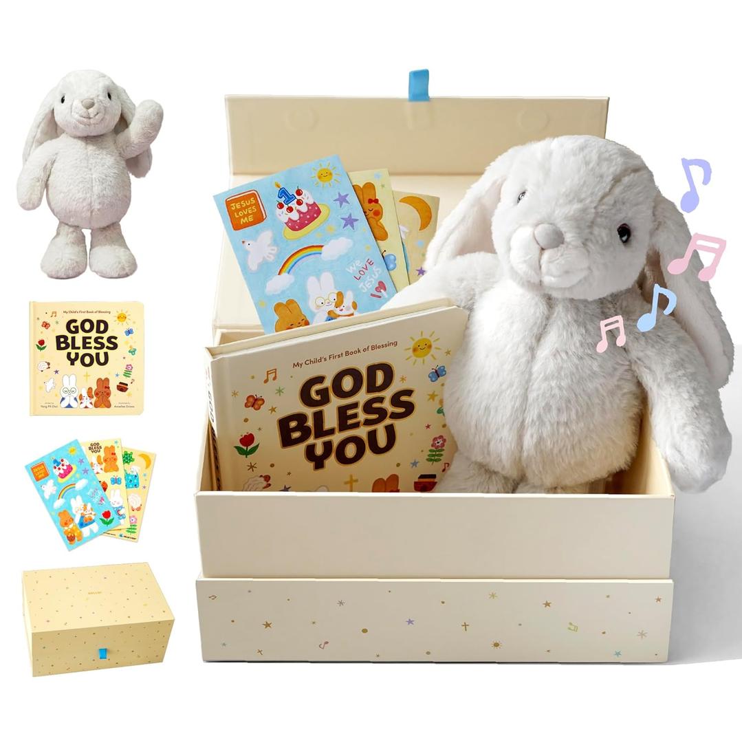 Praise Bunny Christian Gift Set for Kids  11 Singing Plush Toy with 3 Bible Songs, Hardcover Blessing Book, Keepsake Box, Stickers - Birthday, Christening Gift for Baby, Toddlers