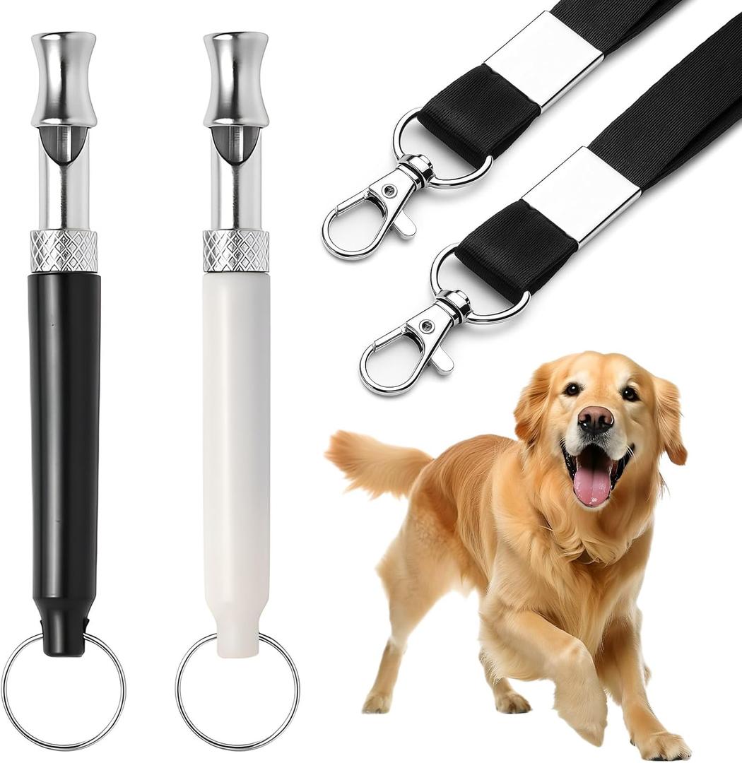 2 Pack Dog Whistle - Dog Whistle to Stop Barking Neighbor's Dog & Long Range Recall, Adjustable Ultrasonic Silent Dog Whistle with Lanyard for Training Recall, Professional Obedience (Black & White)