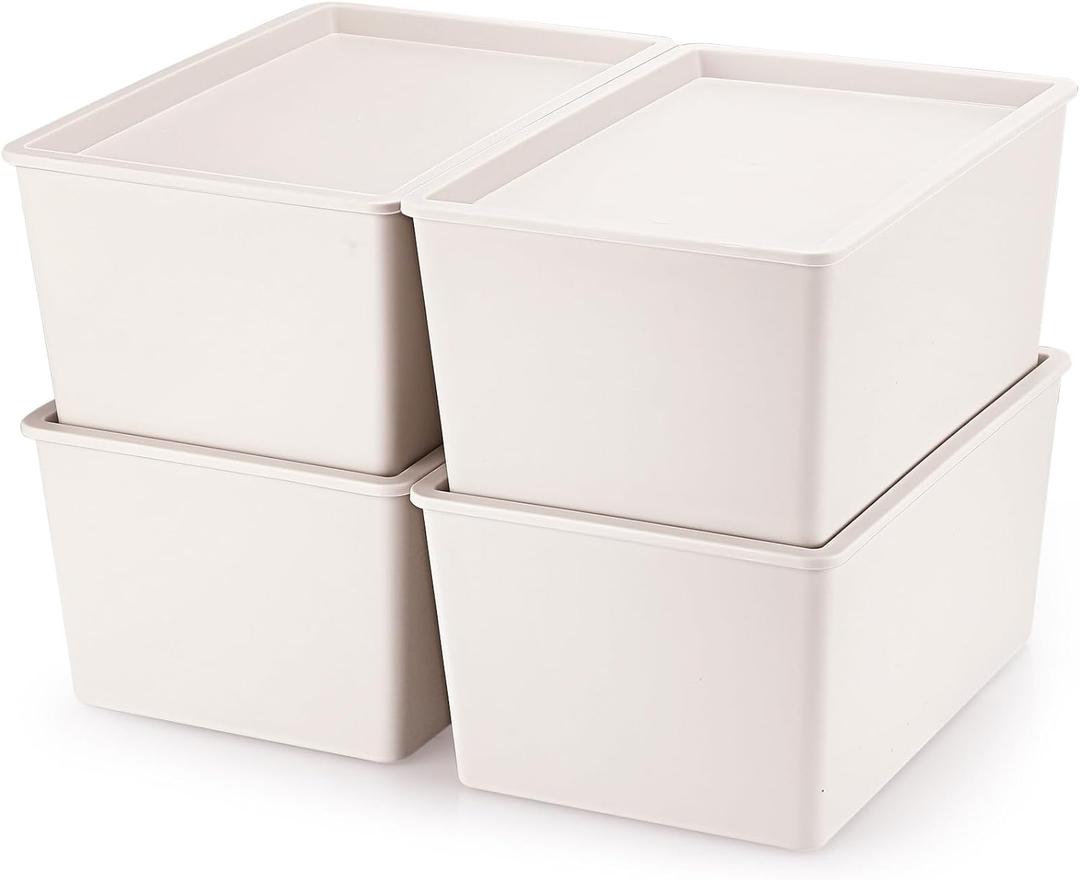 Menkxi 4 Pcs Storage Bins with Lids Plastic Stackable Containers for Organizing Shelves Christmas Ornament Box Baskets(Beige,Small)