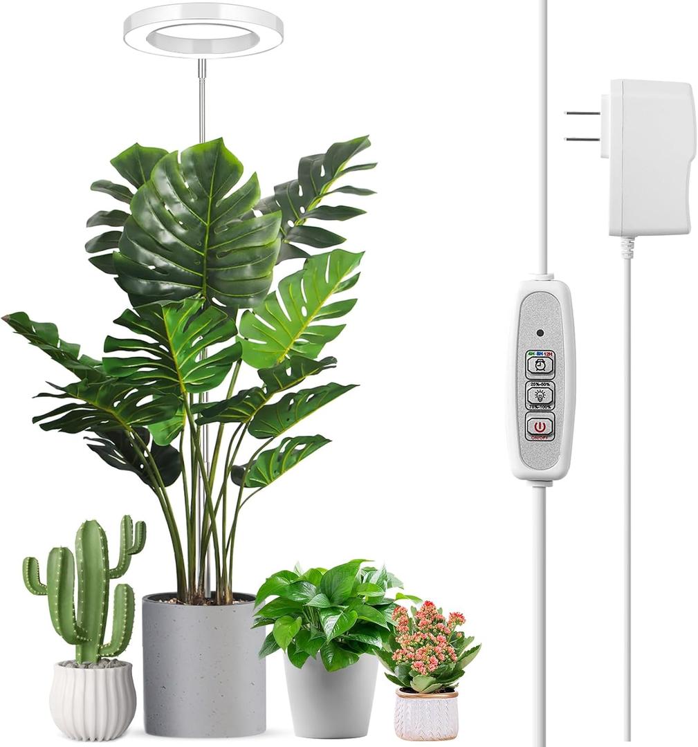 LORDEM Full Spectrum LED Grow Light, 72 LEDs, 4 Brightness Settings, Auto On/Off Timer, Height Adjustable, Ideal for Indoor Plants (1 Pack, White-6.3in)