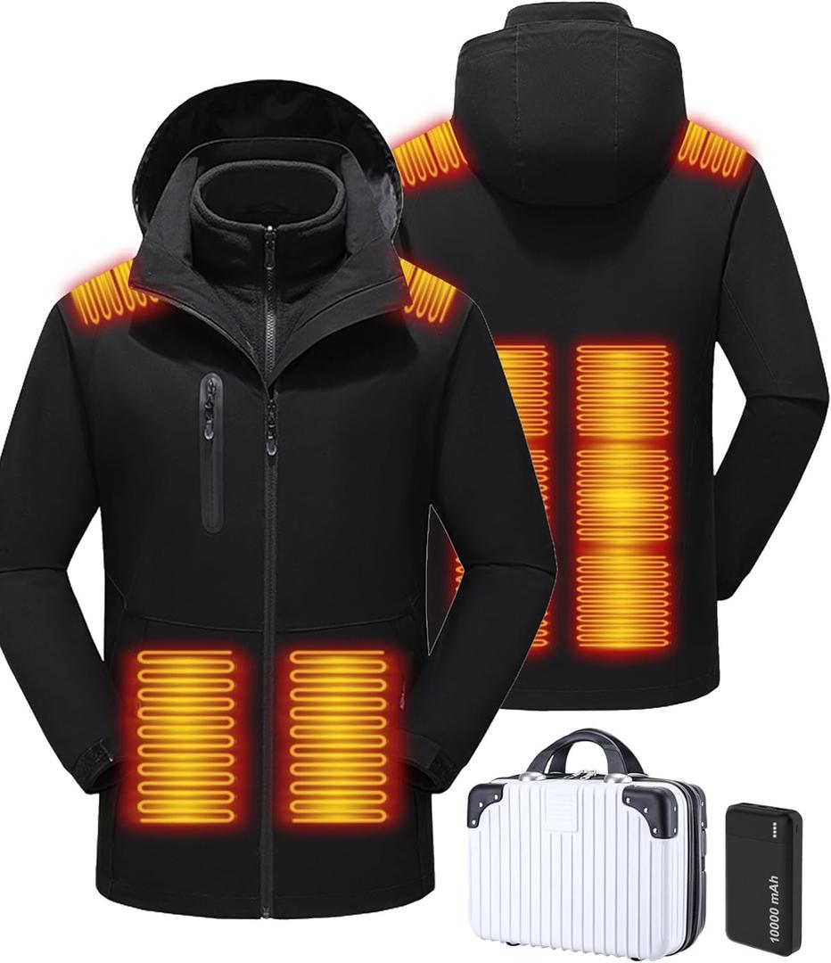 Men's Heated Jacket with Battery Pack, 10-Zone Electric Heating Jackets, Windproof Insulated Coat, Detachable Hood (Large, Black)