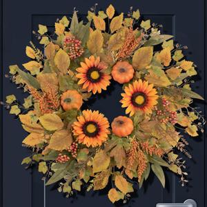 Fall Wreaths for Front Door 24 Inch Thanksgiving Autumn Wreath with Artificial Pumpkin Eucalyptus Sunflower Leaves Harvest Halloween Decorations Porch Farmhouse Outdoor Indoor Home Hanging Decor (Orange)