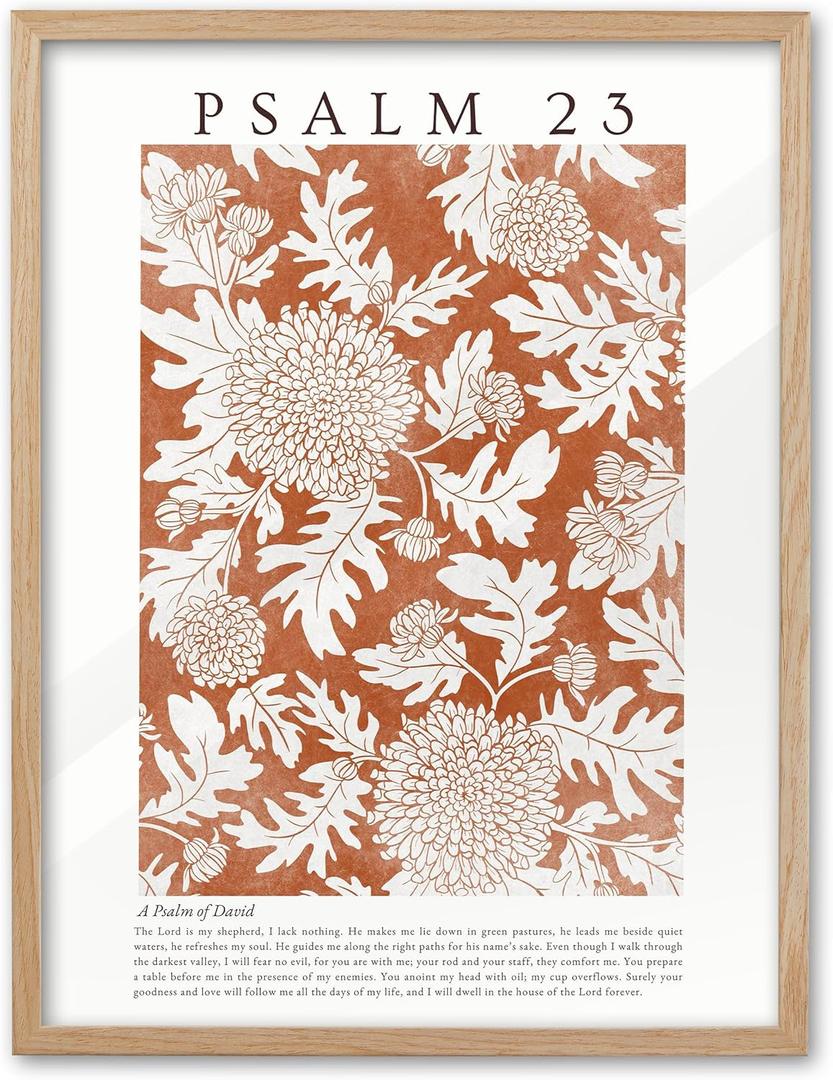 EcoHest Christian Bible Verse Framed Wall Art, 12x16 in OAK Wood A Psalm of David Canvas Wall Art, Psalm 23 Orange Faith Home Decor, Thanksgiving Scripture Set of 1 for Bedroom Living Room