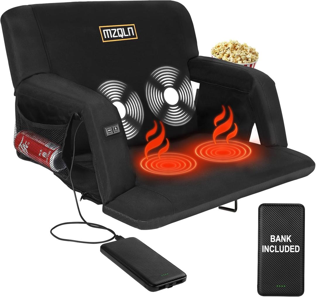 Heated Massage Reclining Stadium Seat, 25 Inch Bleacher Chair with 10000mAh Portable Bank, 6 Reclining Positions for Camping, Games & Sports (1pcs Black)