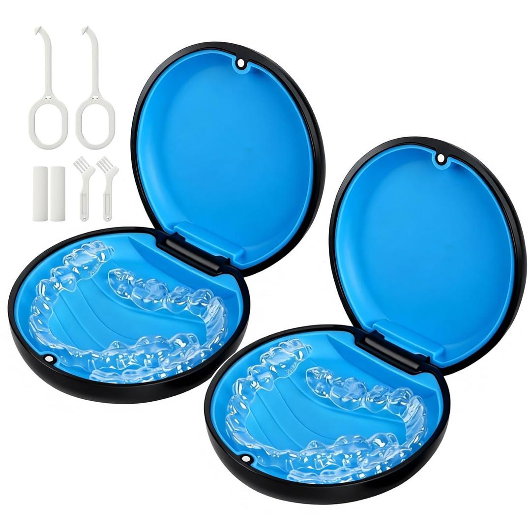 2 Pack Retainer Case, Compatible with Invisalign, Slim Aligner Case with Removal Tool, Aligner Seaters & Brush, Pocket Size Secure Magnetic Closure for Travel - Black