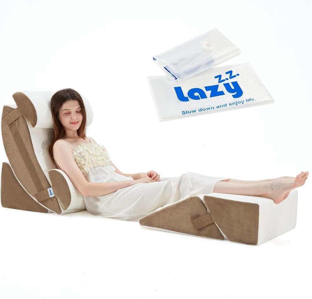 Lazyzizi 6pcs Orthopedic Bed Wedge Pillow Set, Memory Foam Wedge Pillow for Sleeping, Knee, Lumbar and Back Pain Relief Adjustable Bed Pillow - Acid Reflux, Anti Snoring & GERD Sleeping, Brown