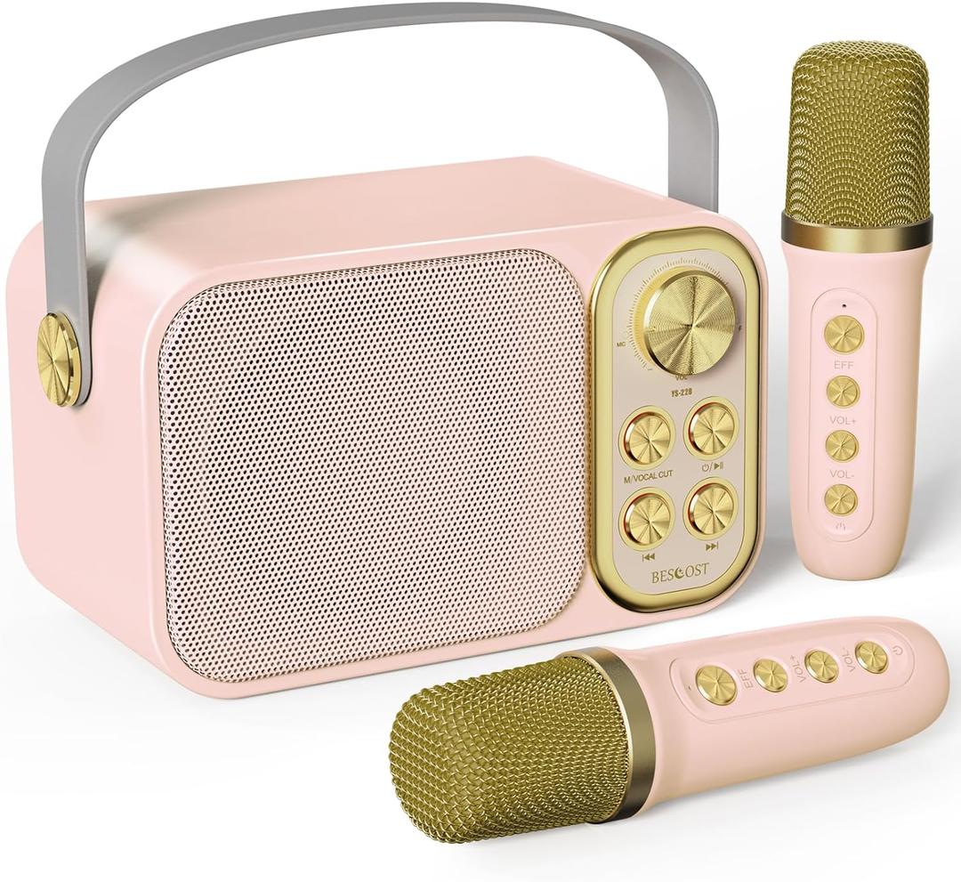 Mini Karaoke Machine for Kids with 2 Wireless Microphone, Portable Bluetooth Speaker, Kids Karaoke Machine to Sing Anywhere, for Girls, Ideal for Party, Birthday, Family Meeting (Pink)