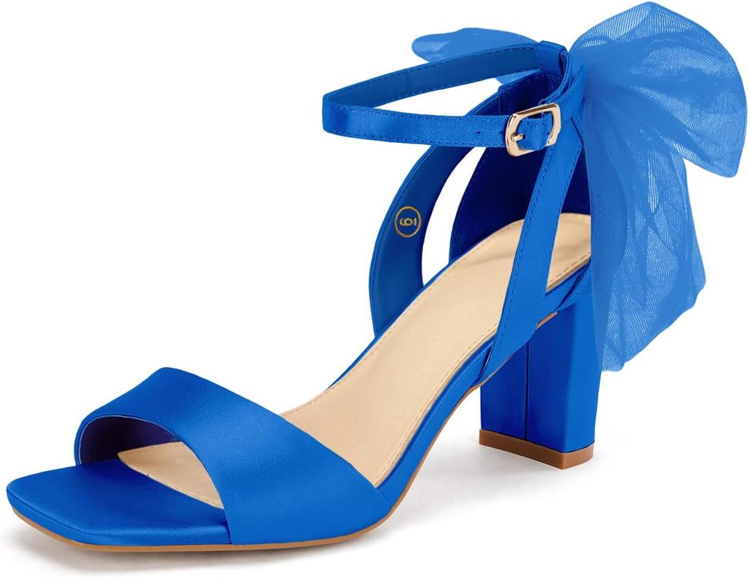 Coutgo Women's Bow Tie Heeled Sandals Chunky Heels One Strap Satin Ankle Buckle Dress Wedding Shoes (8, Royal Blue)