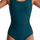Womens One Piece Swimsuits Retro Tummy Control Bathing Suits Full Coverage Modest Swimsuit Ruched Swimwear, Teal Green, Small