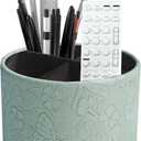 Round Leather Art Supply Organizer,Remote Control Holder,360-degree Rotating Pen Organizer with 4 Compartments(1-Butterfly Green)