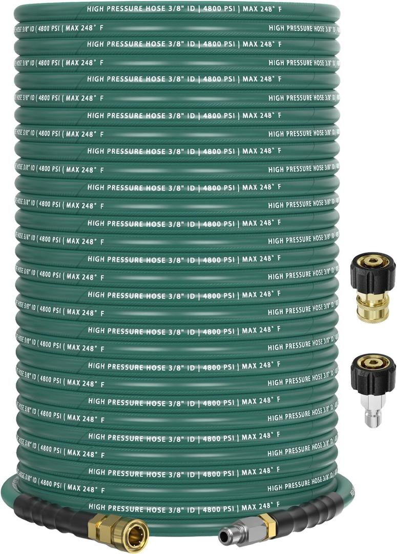 3/8" 4800PSI Pressure Washer Hose 200FT with 360 Swivel Quick Connect, Flexible Kink Resistant Steel Wire Braided & Durable Rubber for Hot/Cold Water, Power Washer Hose With M22 14mm Adapter