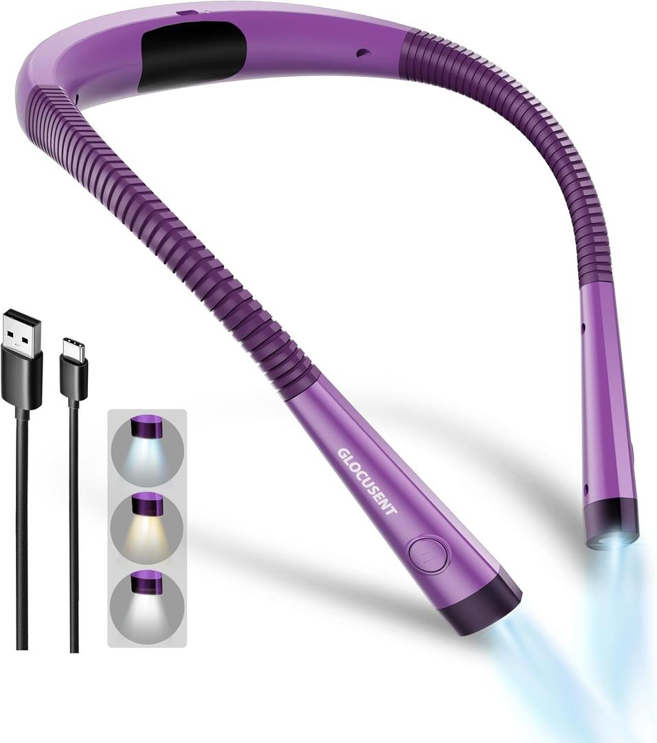 Glocusent Book Light, 3-Color & 6-Brightness Reading Light, Bendable Neck Light, 80-hr Lasting Rechargeable Book Light, Perfect Reading Lights for Books in Bed, Knitting, Repairing, Book Lovers Gifts (Standard-Medium, Purple)