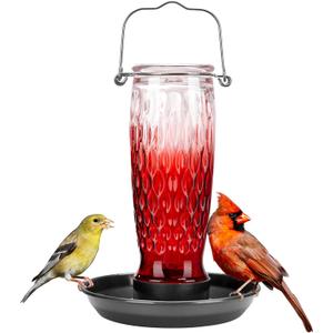 Kingsyard Bird Water Feeder for Outside, 24 Ounce, Glass Bird Water Dispenser with Metal Hanging for Garden Yard Outside Decoration, Red Gradient