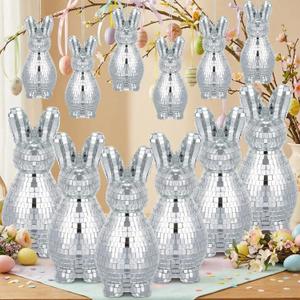 12 Pcs Easter Bunny Ornaments 6'' Silver Disco Easter Bunny Tree Decoration Cute Rabbit Hanging Ornament Silver Disco Mirror Ball for Home Office Spring Party Decor Gifts
