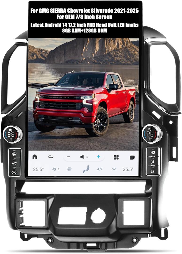 Latest 17.2 Inch Touch Screen with LED knobs, Android 14 Car Radio Head Unit for Chevrolet Silverado GMC Sierra 2021-2025 Car Multimedia Stereo Player GPS Navigation, 128GB, US 1 Yr Service