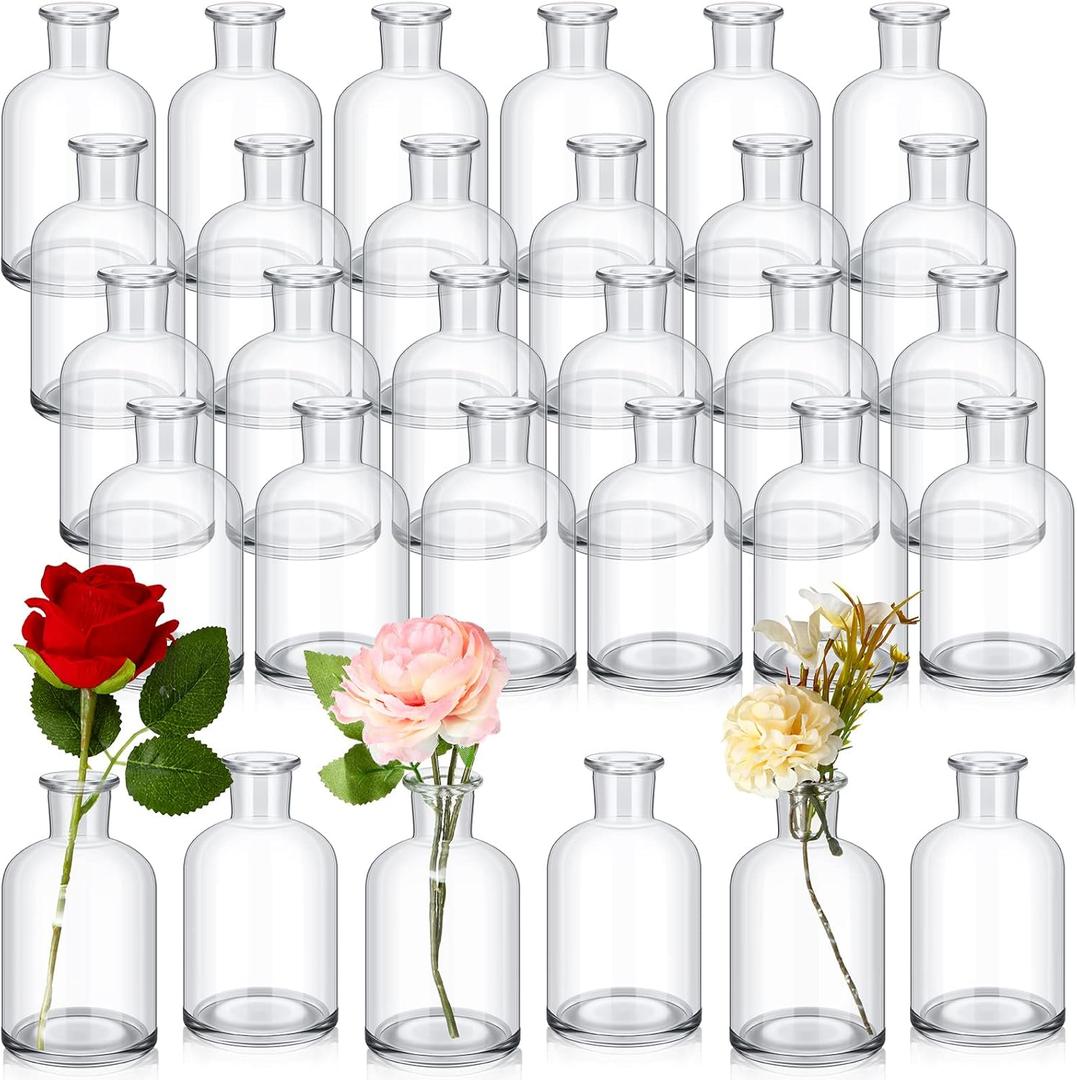 Lallisa 30 Pcs 4 Inches Small Glass Bud Vases Bulk Mini Flower Vases for Centerpieces Decorative Glass Bottles Vintage Rustic Decoration for Wedding Dining Table Home Decor (Transparent)
