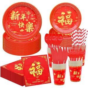 Chinese New Year Tableware,175pcs Chinese New Year Plates and Napkins Cups Tablecloth Banner Honeycomb for Lunar Year Horse Spring Festival