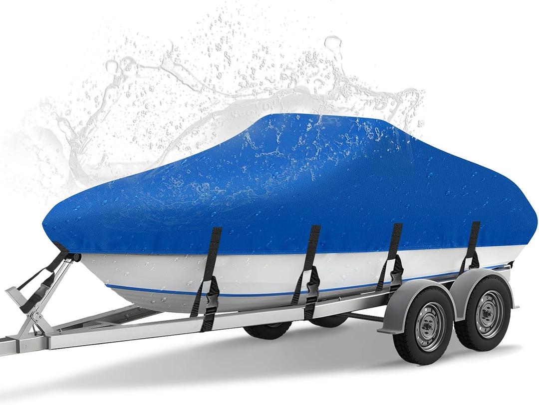 NEVERLAND Boat Cover 17-19 ft 600D Waterproof Boat Covers Fits Bass, V-Hull, Tri-Hull, Fish & Ski, Runabout Bowrider Boat, 17' 18' 19' feet Heavy Duty Canvas Trailerable Boat Cover Blue